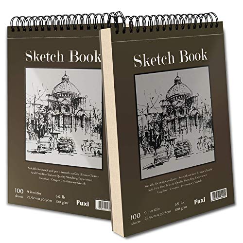 9' x 12' Sketch Book, Top Spiral Bound Sketch Pad, 2 Packs 100-Sheets Each (68lb/100gsm), Acid Free Art Sketchbook Artistic Drawing Painting Writing Paper for Kids Adults Beginners Artists