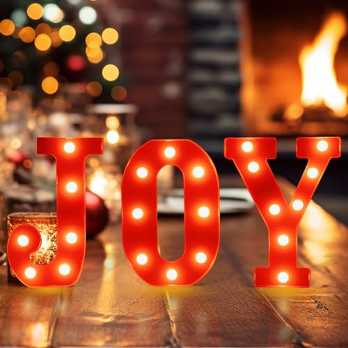 Christmas Decorations Indoor Home Decor - 3 LED Marquee Light Up JOY Letters Lights Sign, Battery Operated Christmas Table Decorations for Mantle Home Bar Party Bedroom Wall Fireplace Xmas Decor, Red