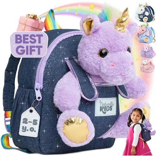 Naturally KIDS Toddler Backpack w Stuffed Animal Toy, Toddler Gifts for Boys Girls, Small Backpack, Purple Unicorn Toys