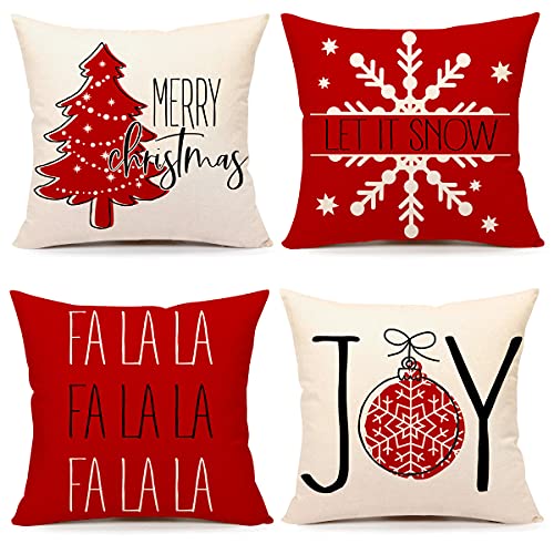 4TH Emotion Red Christmas Pillow Covers 18x18 Set of 4 Farmhouse Christmas Decorations Merry Tree Joy Let It Snow FA La La Winter Holiday Decor Throw Cushion Case for Home Couch TH054-18