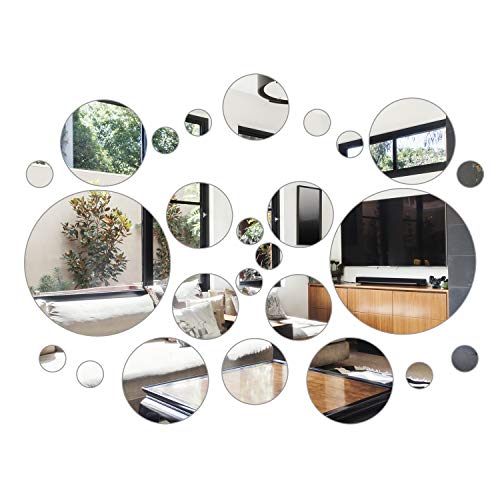 Aneco 52 Pieces Flexible Mirror Wall Stickers Set Removable Acrylic Mirror Circle Self Adhesive Plastic Mirror Decal for Home Decor