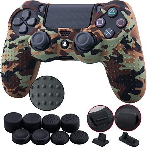 9CDeer 1 Piece of Silicone Studded Water Transfer Protective Sleeve Case Cover Skin + 8 Thumb Grips Analog Caps + 2 dust Proof Plugs for PS4/Slim/Pro Controller, Brown Camouflage