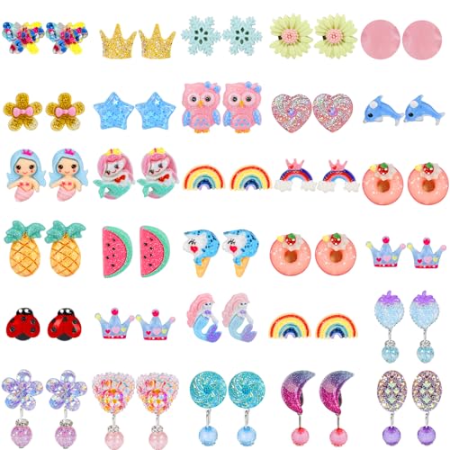 Hicdaw Kids Clip On Earrings for Girls Ages 4-12 Hypoallergenic 30 Pairs Sets, Non Pierced Earrings Cute Clip On Earrings for Girls Set, Girl Dress Up Mixcolor A