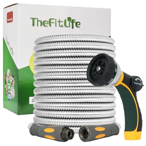 TheFitLife Flexible Metal Garden Hose - 75 FT Lightweight Stainless Steel Water Hose with Solid Fittings and Sprayer Nozzle - Leak Proof, Kink Free, Anti-rust, Large Diameter, Durable and Easy Storage