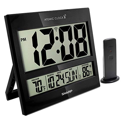 Sharp Atomic Clock - Never Needs Setting! - Jumbo 3' Easy to Read Numbers - Indoor/Outdoor Temperature Display with Wireless Outdoor Sensor - Gloss Black