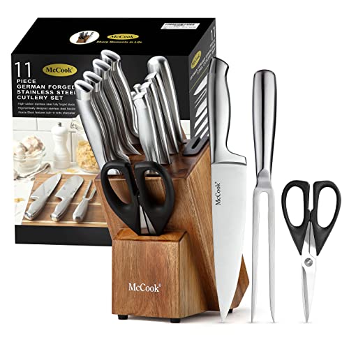 McCook Knife Sets with Built-in Sharpener,German Stainless Steel Hollow Handle Kitchen Knives Set in Acacia Block
