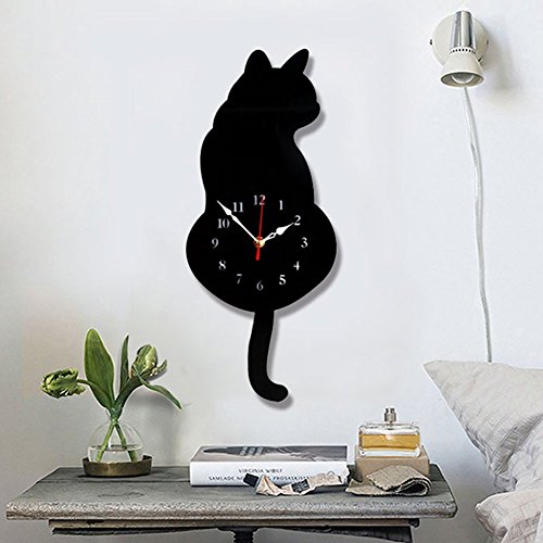 Topkey Wall Clock Creative DIY Cat Acrylic Wall Clock with Swing Tail Pendulum for Living Room Bedroom Kitchen Home Décor - Battery Not Included (42CM x 18CM) Black