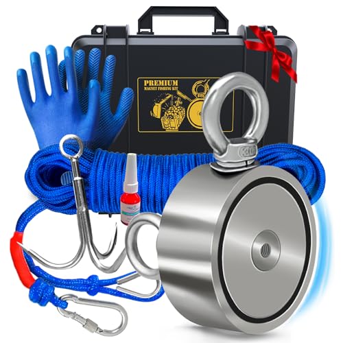 Logui Projects 1200 LB Magnet Fishing Kit with Case - 2 Fishing Magnets in 1 (Double Sided Magnet) - with Grappling Hook, Heavy Duty 65FT Rope, Gloves, Carabiner, Foldable Bucket - Fishing Magnet Kit
