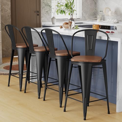 Alunaune 26' Swivel Metal Bar Stools Set of 4 High Back Counter Height Barstools Industrial Dining Bar Chairs with Large Wooden Seat-Matte Black