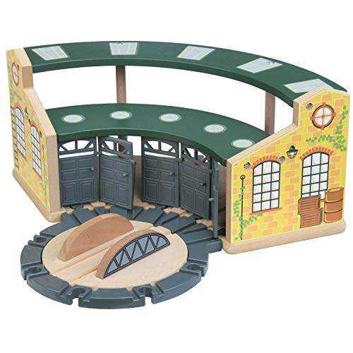 maxim enterprise, inc. Wooden Train Round House Combo with Rotating Turntable, Train Shed to House 5 Engines or Cars, Wooden Train Track Accessories Compatible with Major Brand Railway Sets
