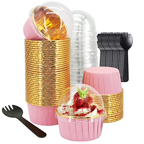 Cupcake Liners And Wrapers With Lids 50 Pack,LNYZQUS 5.5 Oz Large Foil Muffin Tins Or Liners,Disposable Baking Cups, Cupcake Wrappers Holders For Wedding Valentine-Pink in gold