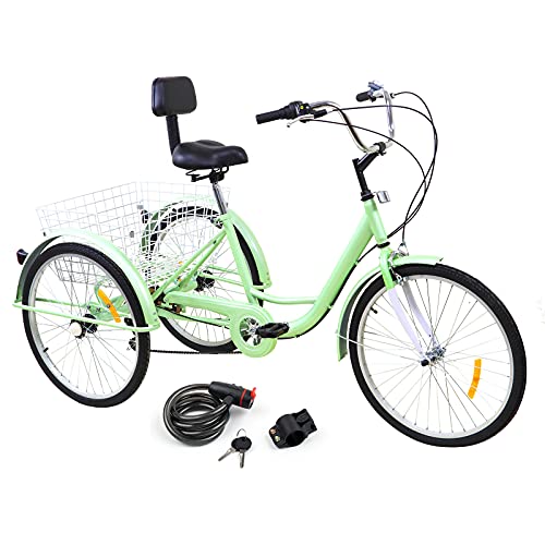 Bruce & Shark Unisex Adult 24' 3-Wheel 7-Speed Tricycle Bicycle Bike Cruise with Basket Bike Lock Cyan