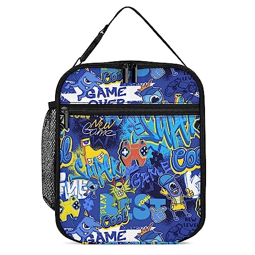 LynaRei Insulated Kids Lunch Box Cartoon Monster Joystick Reusable Portable Lunch Bag with Side Pocket, Funny Joystick Gamepad Small Thermal Meal Cooler Bag Tote for School Work Office
