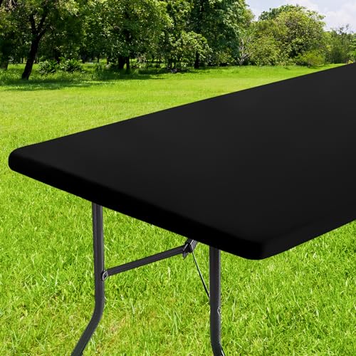 smiry Rectangle Tablecloth, Elastic Fitted Flannel Backed Vinyl Tablecloths for 6ft Folding Tables, Waterproof Wipeable Table Covers for Indoor, Outdoor, Picnic and Camping (Black, 30'x72')