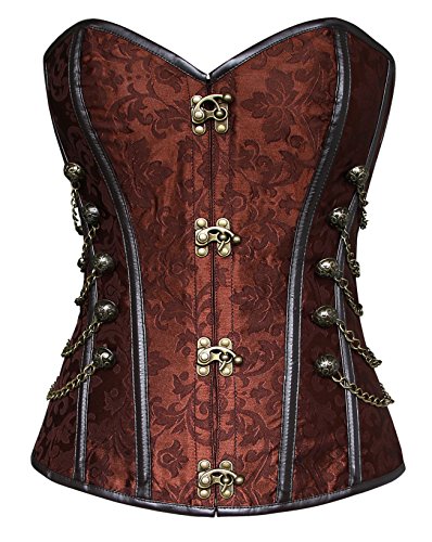 Charmian Women's Spiral Steel Boned Steampunk Gothic Bustier Corset with Chains Brown Small