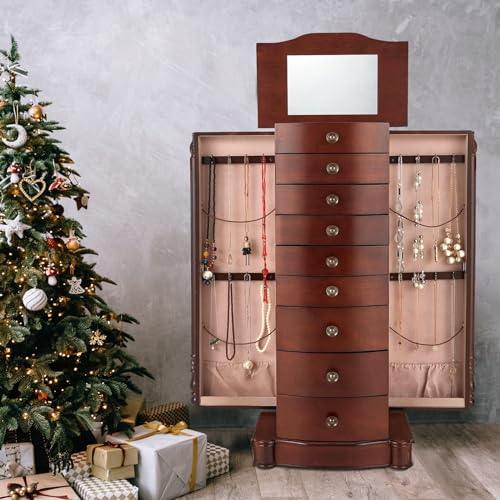AVAWING Large Standing Jewelry Cabinet Armoire with Top Flip Makeup Mirror, 8 Drawers & 16 Necklace Hooks, Jewelry Box Storage Organizer with 2 Side Swing Doors, Retro Wood Jewelry Cabinet