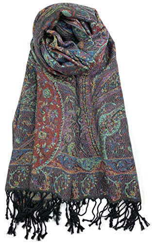 Plum Feathers Pashmina Scarf with Ethnic Tapestry Style Paisley Pattern - 67' x 28' Everyday Pashmina Travel Wrap and Shawl (Black Multi Tapestry)