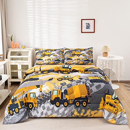 Feelyou Kids Construction Comforter Set Twin Bedding Sets for Boys Toddler Children Cartoon Cars Excavator Tractor Comforter Set Construction Machinery Truck Duvet Set Cars Bed Set with 1 Pillow Case