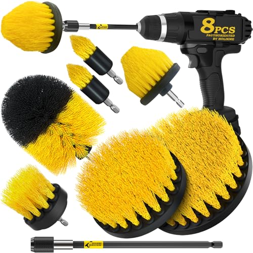 Holikme 8 Piece Drill Brush Attachments Set, Power Scrubber Brush with Extend Long Attachment，Cleaning Supplies，Scrub Brush，Shower Scrubber，Bathtub(Yellow)
