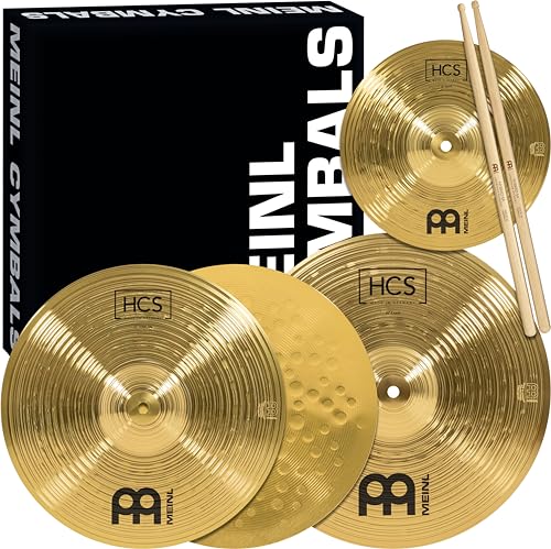 Meinl Cymbals HCS Cymbal Set Box Pack for Drums with 13' Hihats, 14' Crash, Plus Free 10' Splash, Sticks, Lessons — Made in Germany — Durable Brass, 2-Year Warranty, Traditional Finish (HCS1314