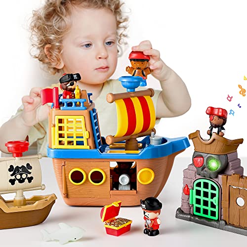 iPlay, iLearn Large Pirate Ship Toys, Kids Pretend Adventure Playset W/ Figures, Boat, Island &Treasure, Toddler Imaginative Play W/ Light Sound, Birthday Gifts for Age 2 3 4 5 6 Year Old Boys Girls