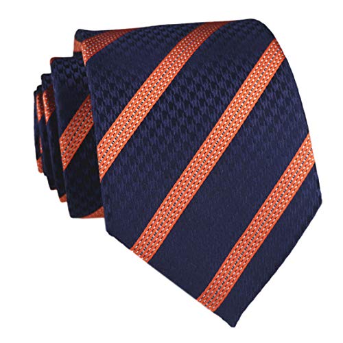 Elfeves Mens Navy Blue Orange Stripe Tie Handmade Ties For Men Seft Poly Woven Party Cool Necktie 3.15'