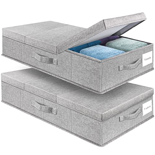 Supowin Underbed Storage Containers Bin with Lids (Set of 2) Large Under Bed Storage Organizer with Handle, Foldable Under the Storage Bags for Organizing Clothes, Shoes, Blankets, Pillows-Grey