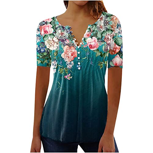 SKDOGDT Womens Tops Hide Belly Fat Shirts Summer Pleated Button V Neck T-Shirt Causal Empire Waist A-Line Floral Tunic Tops