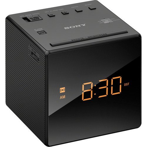 Sony Compact AM/FM Alarm Clock Radio Battery Back-Up, Adjustable Brightness Control, Programmable Sleep Timer, Daylights Savings Time Adjustment, Black Finish