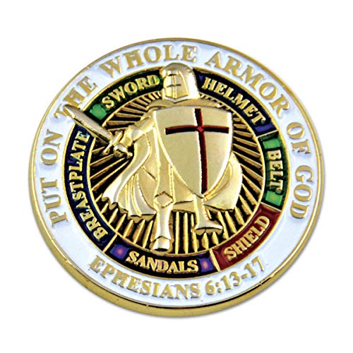 Knights Templar Put on the Whole Armor of God Round Masonic Lapel Pin - [White & Gold][1'' Diameter]