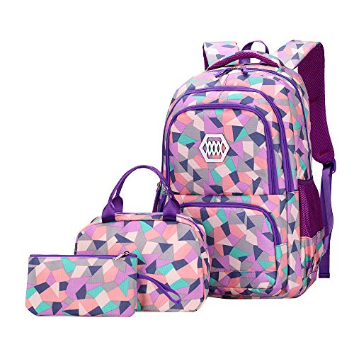 JiaYou Girl Geometric Printed Primary Junior High University School Bag Bookbag 3pcs Backpack Sets(2# Purple-3pcs,35 L)