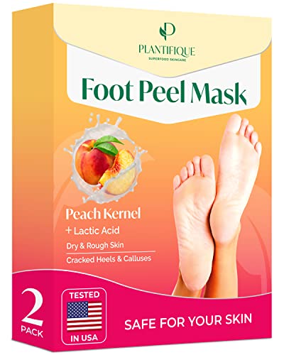 PLANTIFIQUE Foot Peeling Mask - Dermatologically Tested to Repair Heels & Remove Dead Skin for Baby Soft Feet - Exfoliating Peel Mask for Cracked Feet (Peach, 2 pack)