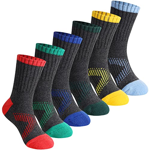 SeeyAN Kids Socks Boys Crew Athletic Half Cushioned Cotton Sport Running Arch Support Breathable Socks 6 Pairs (6 Pairs Grey, 13-15 Years)