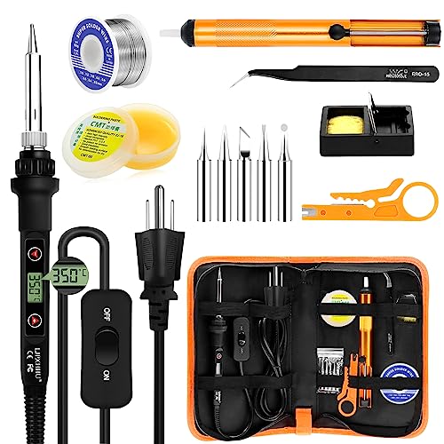 Soldering Iron Kit 80W LCD Adjustable Temperature 180-520℃ Solder Kit Electronics 13 in 1 Welding Tools with ON/OFF Switch, Solder Wire, Flux, 5 Soldering Tips, Desoldering Pump, Stand, Tweezers