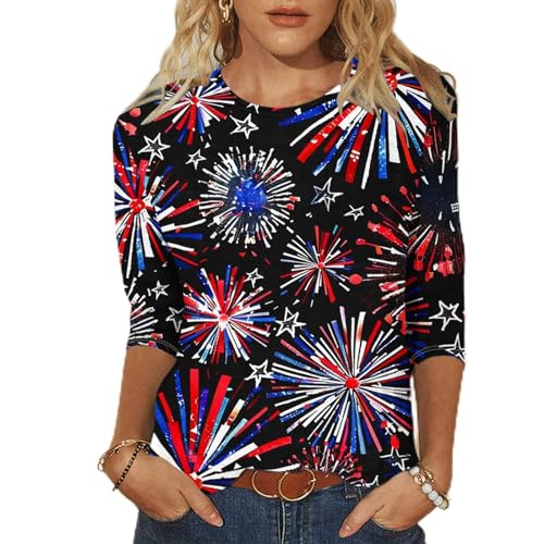 Blusas Casuales de Mujer Bonitas 4th of July Womens American Flag Patriotic 3/4 Sleeve Crewneck Shirt Blouses Independence Day Cute Blouse Festival Tops