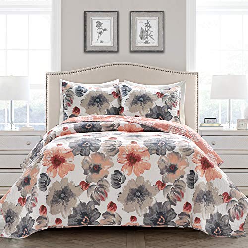 Lush Decor Leah Reversible Floral Quilt Set, 3 Piece Set, King, Coral & Gray - Charming Floral Bedding Set - Large Blooming Watercolor Flowers