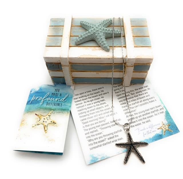 Smiling Wisdom - Starfish Story You Make A Profound Difference Greeting Card and 2-Sided Starfish Necklace in Wooden Box Gift Set - Women (Nautical Antiqued Silver)