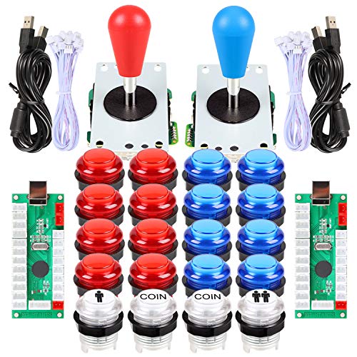 EG STARTS 2 Player Arcade Games DIY Kit Parts 2 Ellipse Oval Joystick Handles + 20 LED lit Arcade Buttons (Red & Blue Kit)