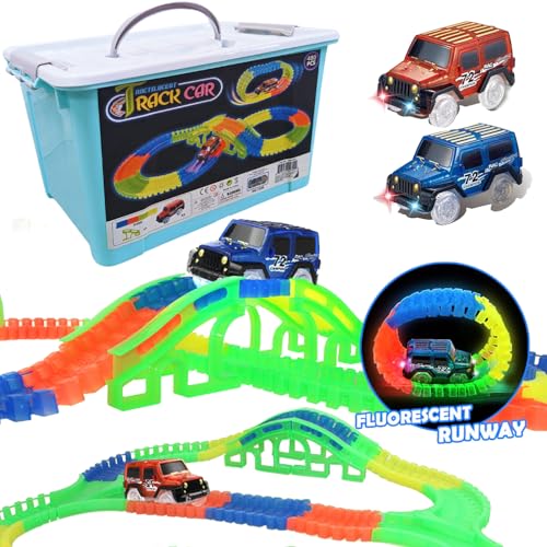 Glow Race Tracks and LED Toy Cars - 480 PCs Glow in The Dark Bendable Rainbow Race Track Set STEM Building Toys for Boys and Girls with 2 LED Light Up Toy Cars