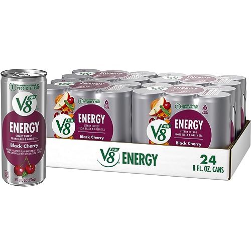 V8 +ENERGY Black Cherry Energy Drink, Made with Real Vegetable and Fruit Juices, Pack of 24 (8 Fl Oz)