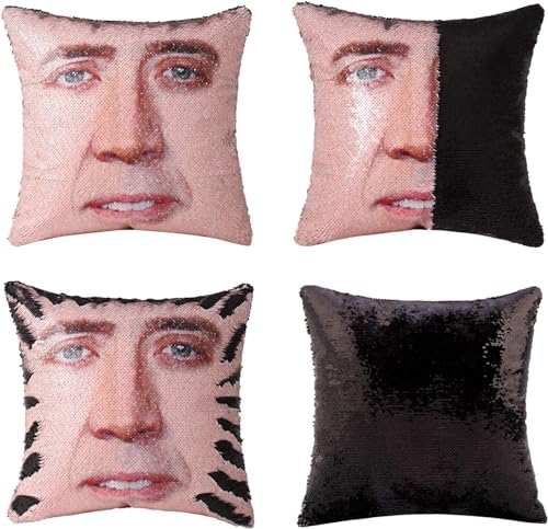 meachin Nic Cage Sequin Throw Pillow Cover Magic Reversible Funny Sequin Pillow Case Decorative Cushion Cover 16x16 Inches (Black)
