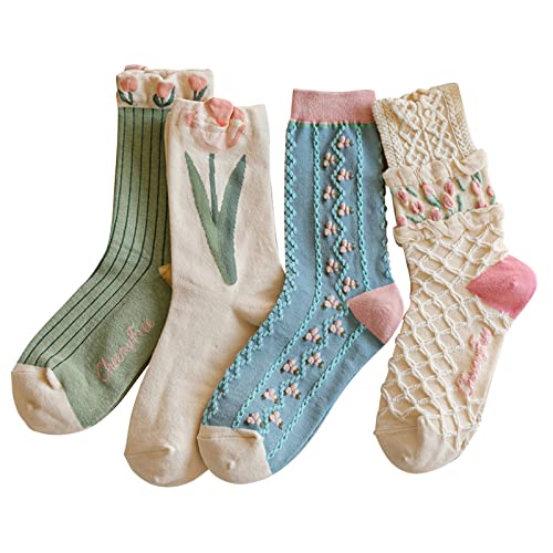 MarJunSep Women's Cute Vintage Floral Patterned Cotton Crew Socks Teen Girls Pretty Fancy Ruffle Tulip Socks