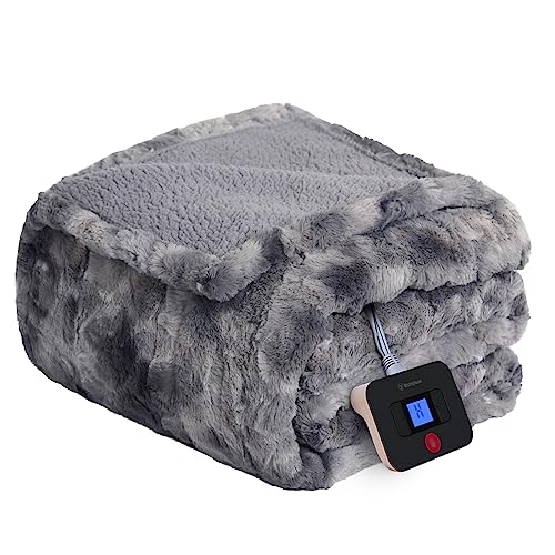 Westinghouse Electric Blanket Twin, Faux Fur Heated Blanket with 10 Heating Levels & 1-12 Hours Auto Off, Soft Cozy Sherpa Heated Blanket Washable Blanket (62' x 84' Twin Size, Grey)