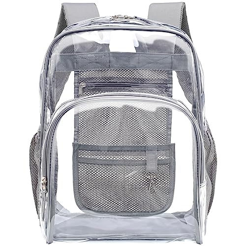 F-color Clear Backpack Heavy Duty - Large Clear Backpacks for School PVC Transparent Clear Bookbag for Work, Security, Travel, Women, Men, Grey