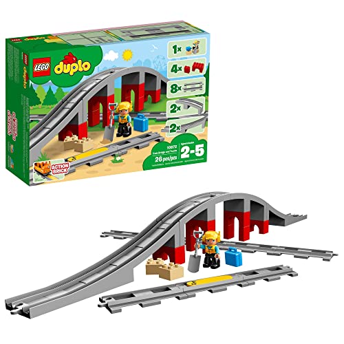 LEGO DUPLO Town Train Bridge and Tracks 10872 - Toy Set for Kids and Toddlers, Railway Building Bricks Set with a Bridge, Figure, and Horn Sound Action Brick, Great Gift for Boys and Girls