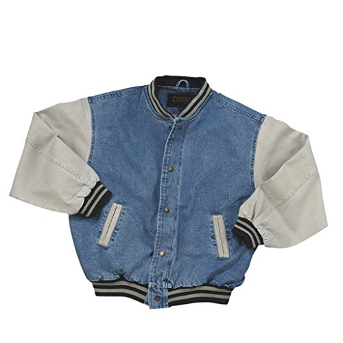 Cotton-Washed Vintage Denim Varsity Jacket with Khaki Sleeves (Medium)