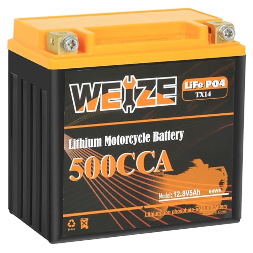 Weize Lithium YTX14-BS, Group 14, 500A LiFePO4 Motorcycle Battery, 12V 5AH ATV, UTV, Jet Ski, 4 Wheeler, Snowmobile, Personal Watercraft, Seadoo, Polaris, Generator and Riding Lawn Mower Battery