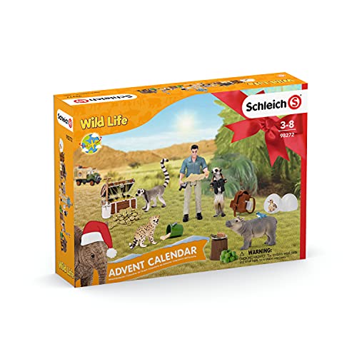 Schleich Wild Life Advent Calendar Surprise Animal Toy Set with Adventure Figurine - Wild Animal Playset with Baby Hippo, Cheetah, Lemur, Elephant, Meerkat, Scientist and More, Gift for Kids Ages 5+