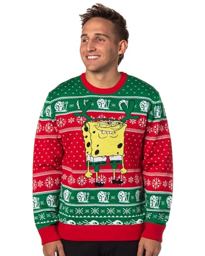 Spongebob Squarepants Men's Reindeer Bob Ugly Christmas Adult Knit Pullover Sweater, Medium Multicolor