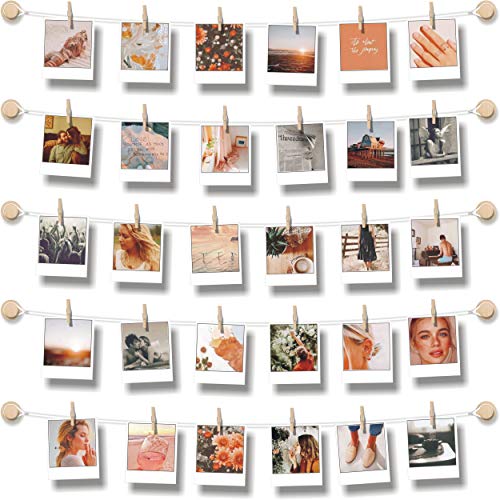 BIZYAC Hanging Photo Display Room Wall Decor - Sculptural Picture Frames Collage - 5 Strings with 30 Clips - 3M Self Adhesive Hooks - No Holes Drilling - 30 x 30 inch